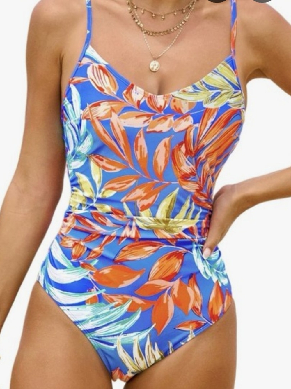 Cupshe Blue Tropical One-Piece Swimsuit with Orange & Yellow Leaf Print SZ M NWT